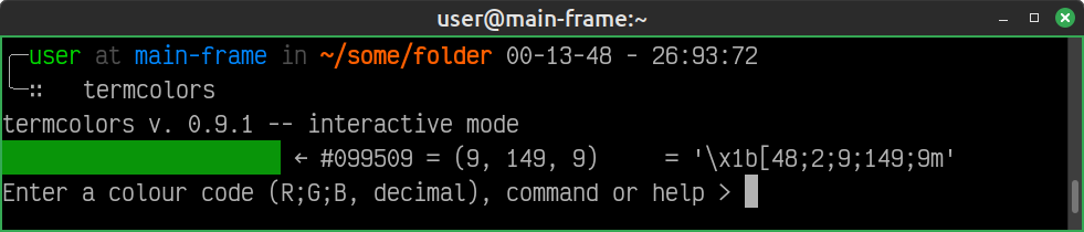 Terminal output showing a green colour bar generated by termcolours (RGB 9;149;9)