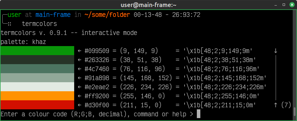 Terminal output showing a green colour bar generated by termcolours (RGB 9;149;9)